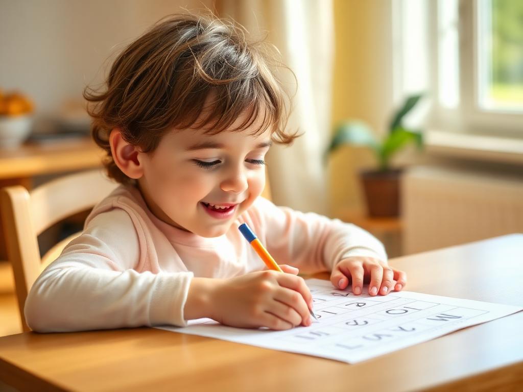 Criança concentrada praticando grafismo fonético