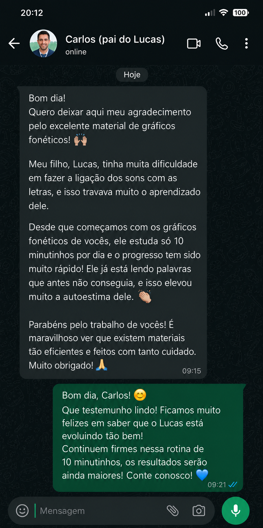 Conversa de WhatsApp com Carlos, pai do Lucas