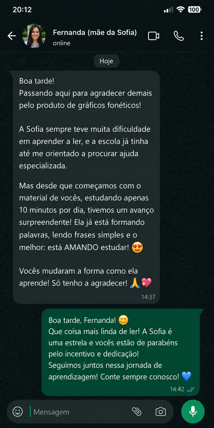 Conversa de WhatsApp com Fernanda, mãe da Sofia