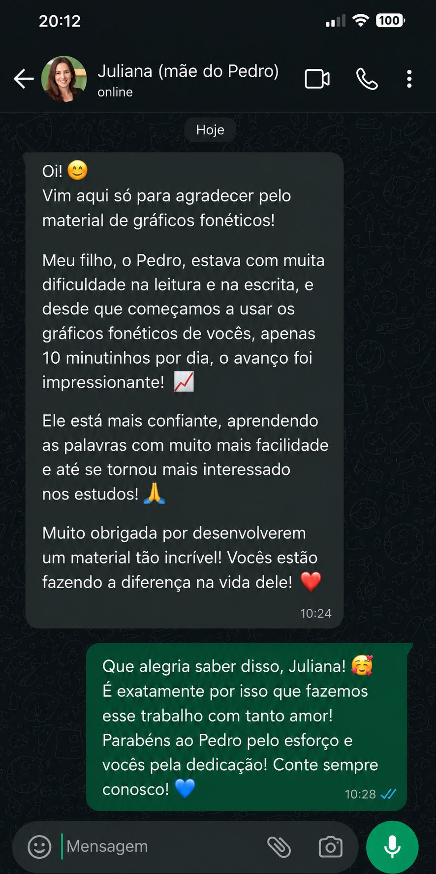 Conversa de WhatsApp com Juliana, mãe do Pedro
